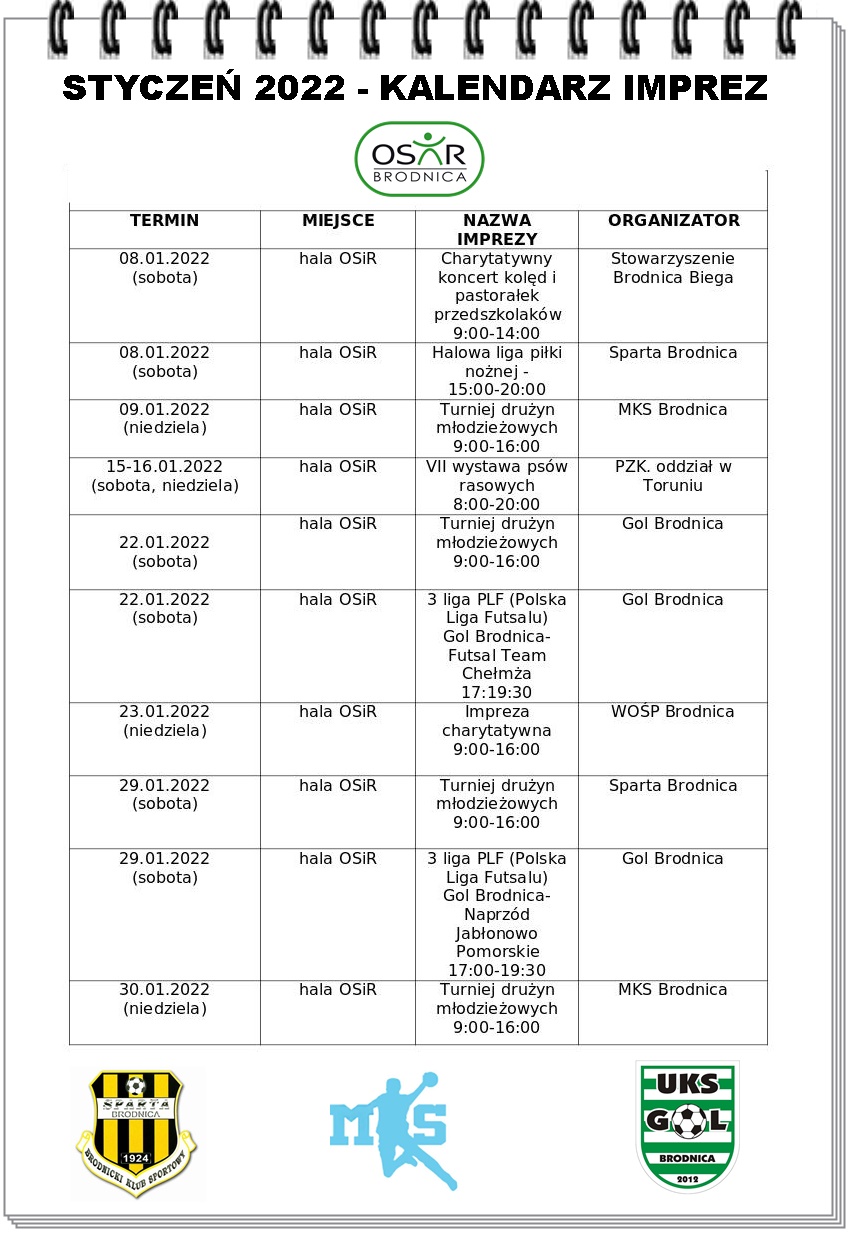 KALENDARZ IMPREZ STYCZEŃ 2022