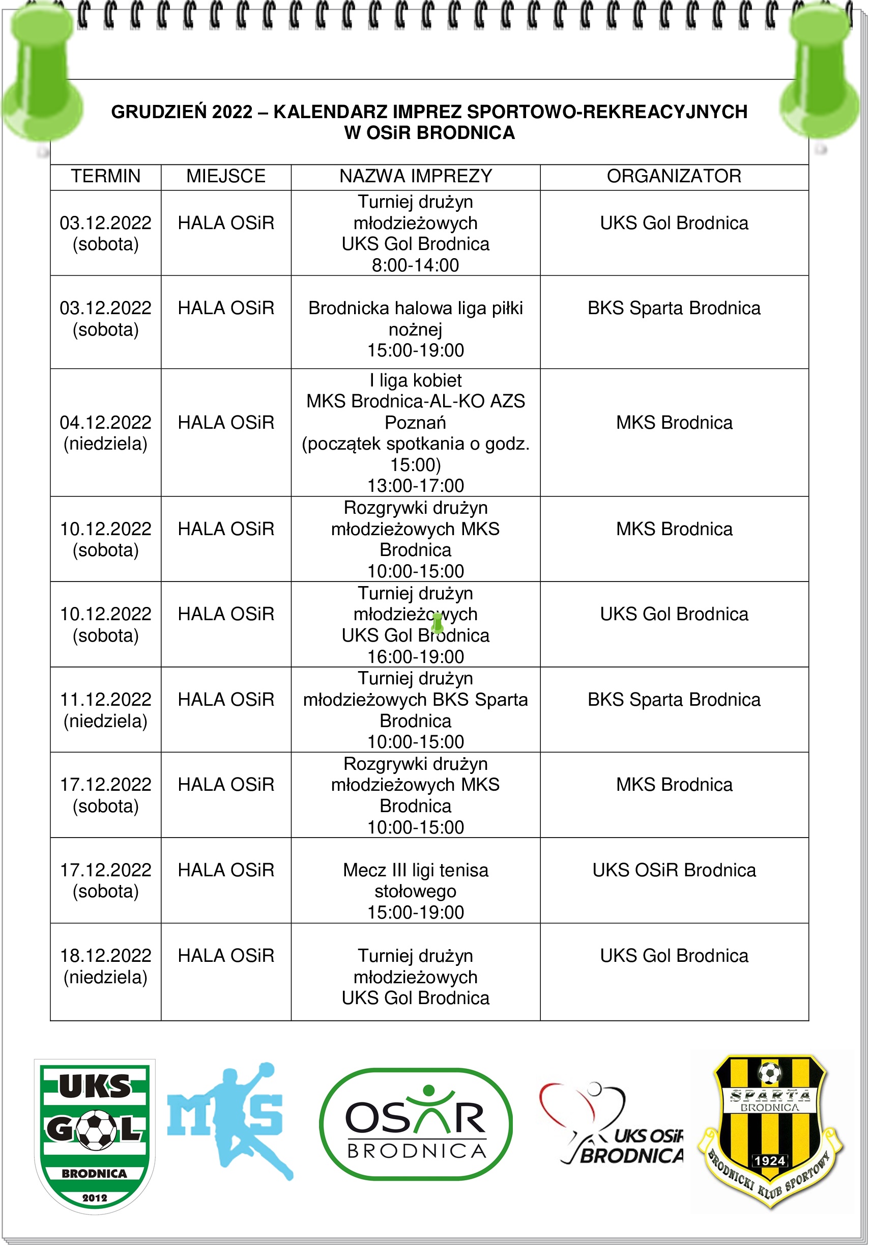KALENDARZ IMPREZ GRUDZIEŃ 2022