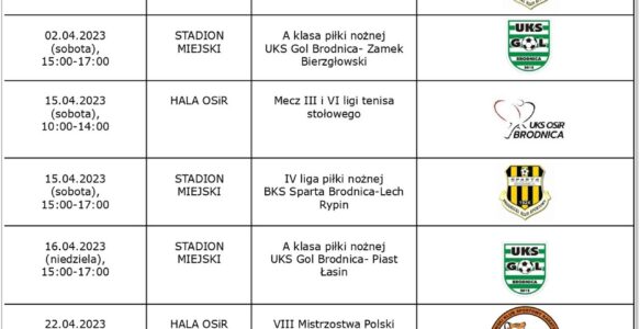 KALENDARZ WYDARZEŃ W OSiR BRODNICA KWIECIEŃ 2023