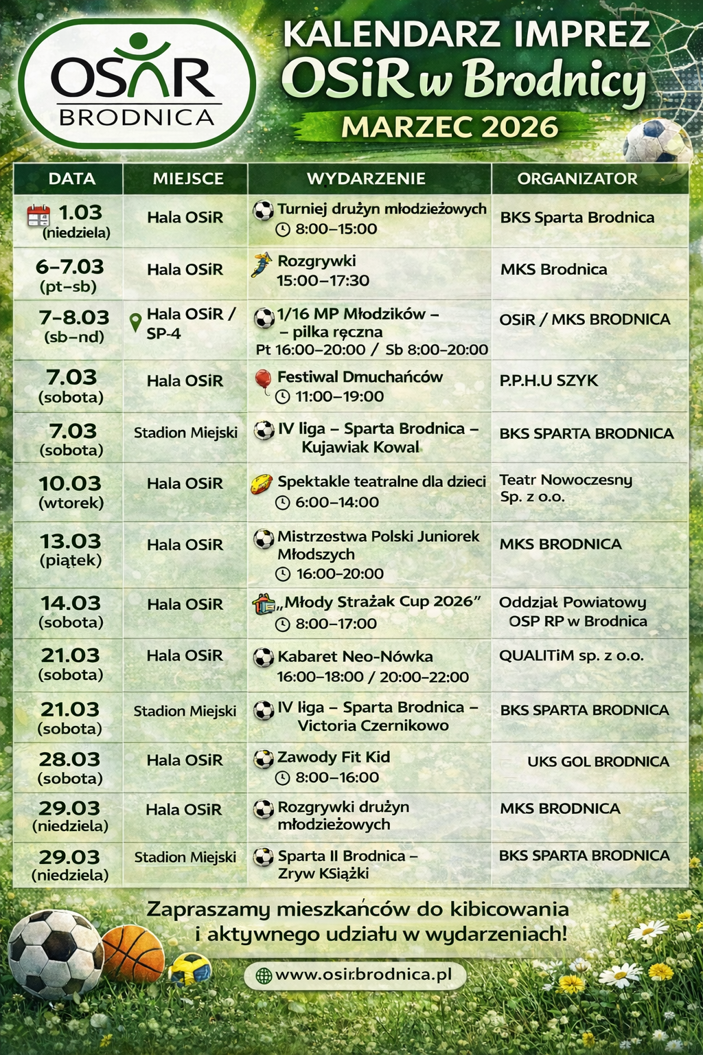 KALENDARZ WYDARZEŃ SPORTOWO-REKREACYJNYCH NA OBIEKTACH OSiR W BRODNICY MARZEC 2026