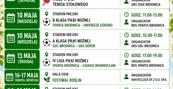 KALENDARZ IMPREZ SPORTOWYCH W OSiR BRODNICA – MAJ 2026