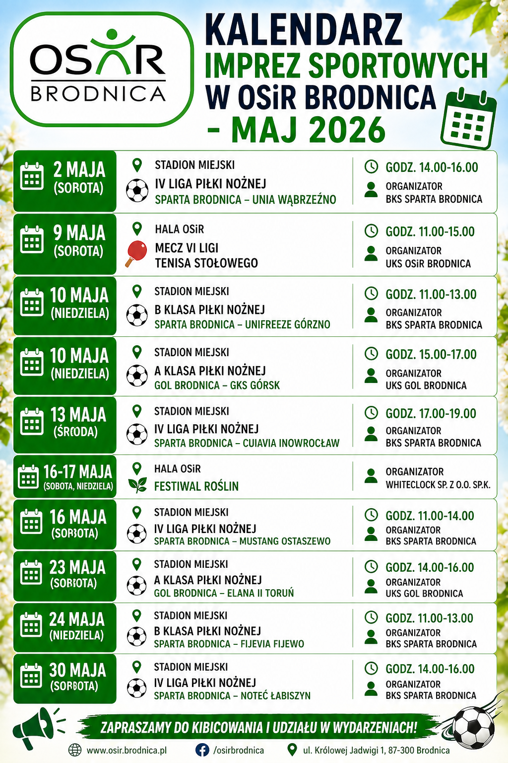 KALENDARZ IMPREZ SPORTOWYCH W OSiR BRODNICA – MAJ 2026