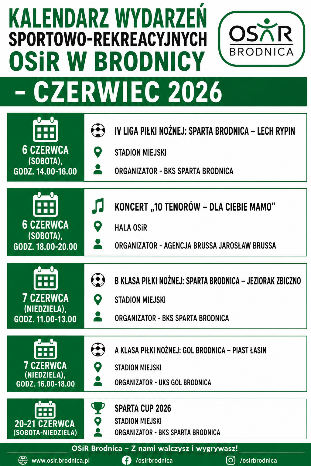 KALENDARZ WYDARZEŃ SPORTOWO-REKREACYJNYCH OSiR W BRODNICY – CZERWIEC 2026