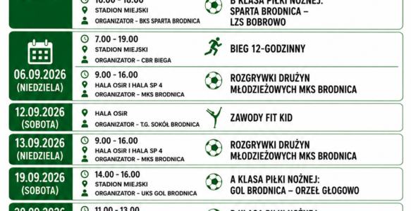 KALENDARZ WYDARZEŃ SPORTOWO-REKREACYJNYCH OSiR W BRODNICY – WRZESIEŃ 2026