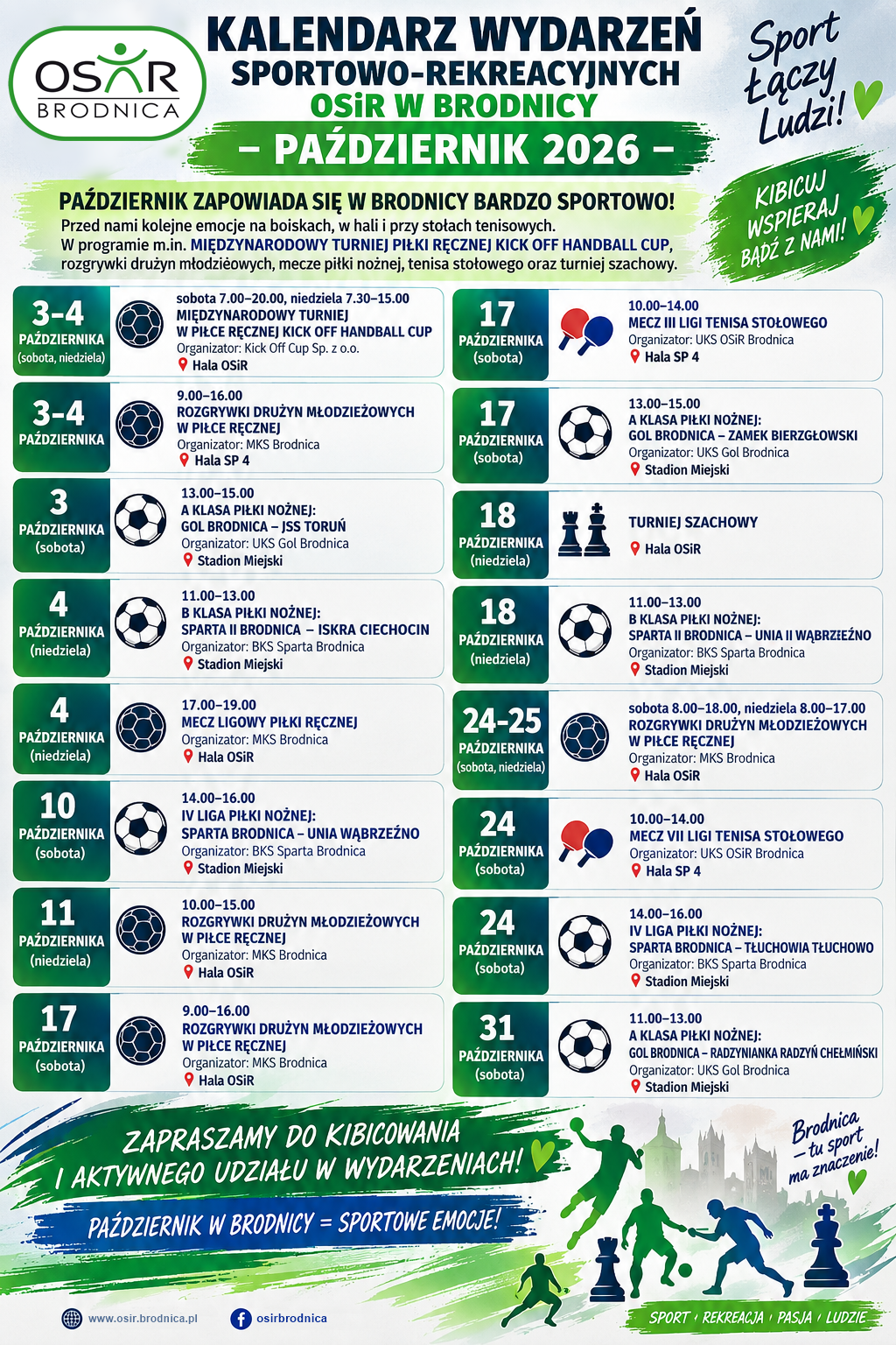 KALENDARZ WYDARZEŃ SPORTOWO – REKREACYJNYCH w OSiR W BRODNICY – PAŹDZIERNIK 2026